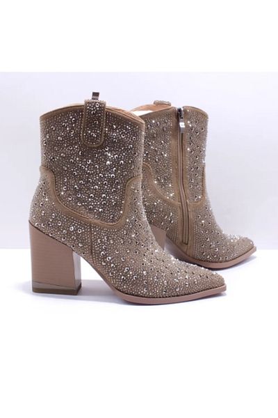 Guja 24K132 Beige Cream - Skin Rhinestone Shiny, Pointed Toe Chunky Heel Stylish Western Cowboy Boots