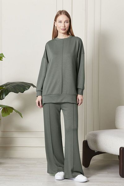 soBasic Khaki Color - Modal Tall, Crew Neck, Wide Leg Sweatpants with Elastic Waist and Ribbed Detail-S