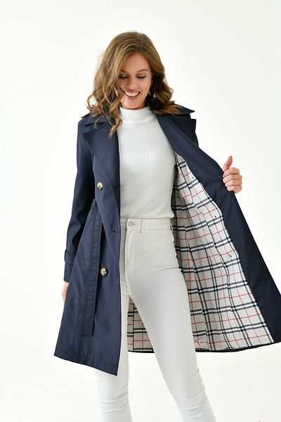 Butik Double-Breasted Collar Belted and Button Detailed Double Pocket Trench Coat