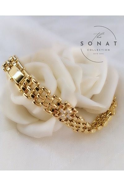 Sonat Collection Vip Series Xupıng 19 cm Gold Belt Bracelet with Non-Fading, Non-Darkening and Non-Allergenic Zircon Stones