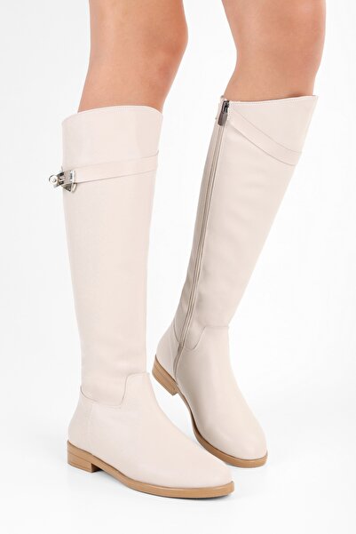 Shoeberry Γυναικείες Meroni Μπεζ Δερμάτινες Μπότες Πόρπης Μπεζ Δερμάτινο