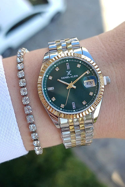 Daniel Klein Sarı Bicolor Çelik Bilezik Yeşil Kadran Kadın Kol Saati+hediye Bileklik