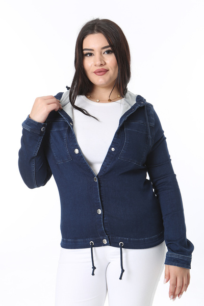 BYŞANS Women's Navy Blue Snap Button Hooded Denim Coat 65N38380