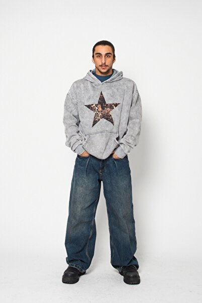 Sekizbiraltı Leopard Starz Printed Oversize Unisex Premium Washed White Hoodie
