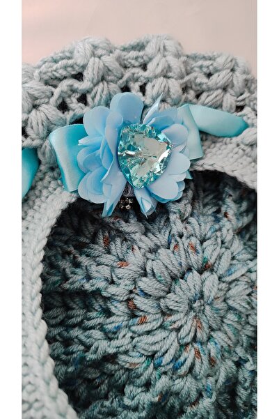 drt tasarım El Örgüsü Tığ işi 3 Boyutlu  Ponponlu Lüks Ressam Bere Mavi Kurdele