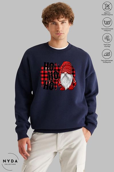 Nyda Collections Unisex Πρωτοχρονιά - Χριστουγεννιάτικο Hohoho Printed Oversize Hoodless Crew Neck φούτερ