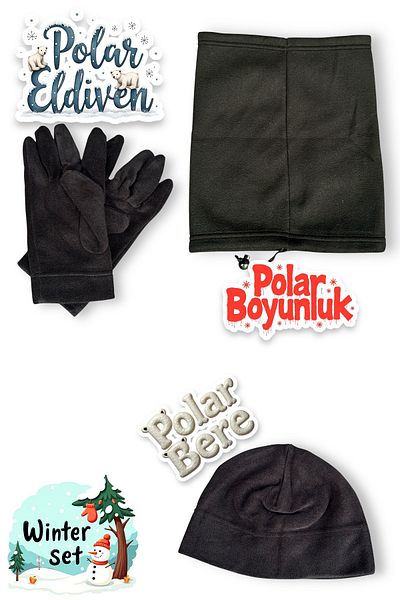 Betülce Neck Collar and Gloves with Unisex Fleece Beanie Winter Set of 3