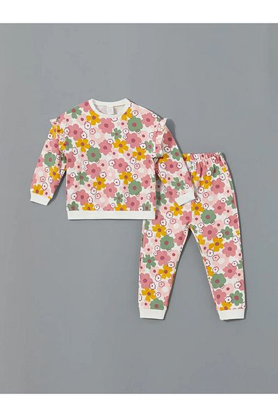 LC Waikiki Lcw Baby - Ecru Floral Print Baby Girl Sweatshirt and Sweatpants Set of 2