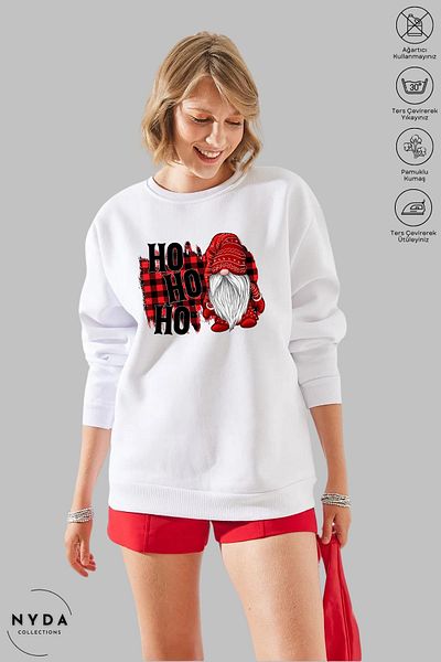 Nyda Collections Unisex Πρωτοχρονιά - Χριστουγεννιάτικο Hohoho Printed Oversize Hoodless Crew Neck φούτερ