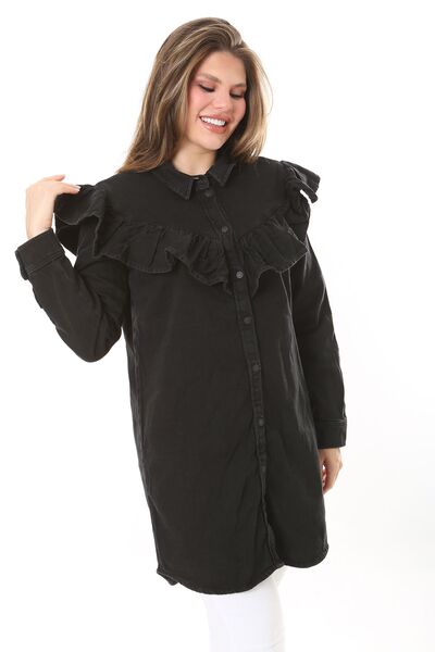 BYŞANS سترة نسائية من الدنيم باللون الأسود مع تفاصيل دولاب الموازنة وأزرار أم...