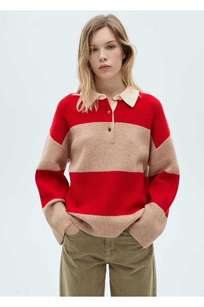 MANGO Woman Striped polo collar sweater