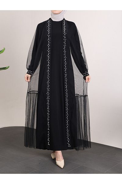 Modamorfo Μαύρο διπλό Abaya - Λεπτομέρεια από πέτρα και μαργαριτάρι, δαντέλα στη μέση