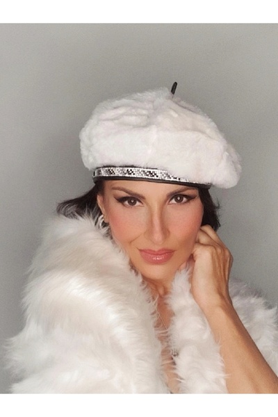Senbeno Design ÖZGÜN TASARIM TAŞLI BANT DETAYLI BEYAZ PELÜŞ KADIN FRANSIZ RES...