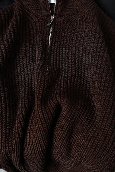 Slatra Erkek Kahverengi Yarım Fermuar Oversize Örme Kazak