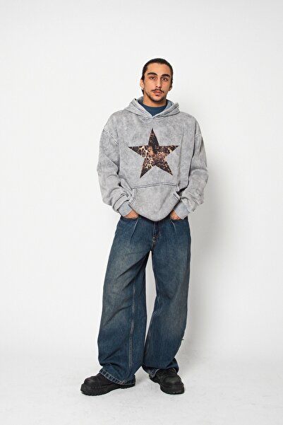 Sekizbiraltı Leopard Starz Printed Oversize Unisex Premium Washed White Hoodie