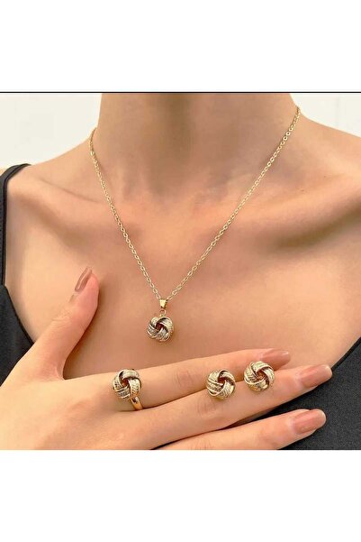 Beyna Gold Kaplamalı Düğüm Tasarım Kolye ,Yüzük ve Küpe Set Sevgiliye Hediye ...