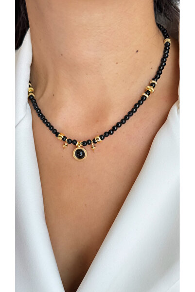 jewine studio Oniks Doğal Taşlı Altın Detaylı El Yapımı Tasarım Kolye