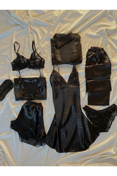 blackstrip Özel Kutulu 9 Parça Kalpli Lüks Saten Gecelik ve Pijama Dev Seti -...