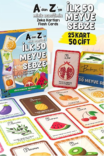 Bunbaza A'dan Z'ye Minik Bebeğimin İlk 50 Meyve Sebze Zeka Kartı Flash Kart 25 Kart - 50 Meyve Sebze