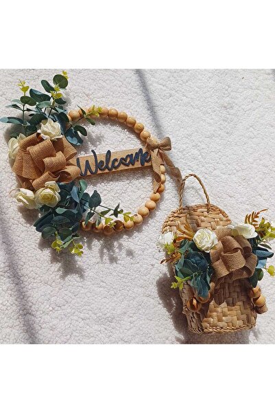 Home Σετ 3 τεμαχίων διακοσμητικό στολίδι για πόρτα, χαλάκι δαπέδου και καλάθι από ευκάλυπτο