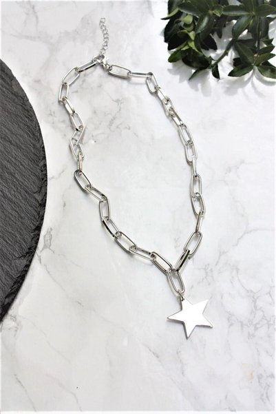 stainles steel Kalın Ataç Zincir Tek Yıldız Kolye Gümüş Renk