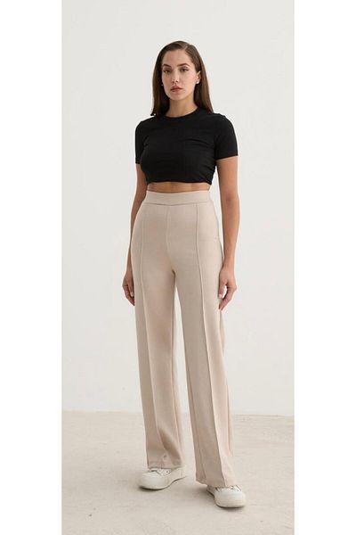 berfmoda Beige Women's Trousers - High Waist, Recovery, Loose Leg, Modal Fabric Flaring