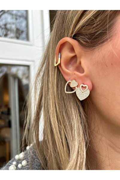 Jerie Minimal Zircon Stone Double Heart Design Earrings