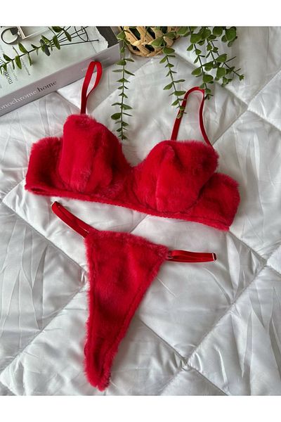 SİLVER MİRROR New Year's Special Red Plush Underwear Suit
