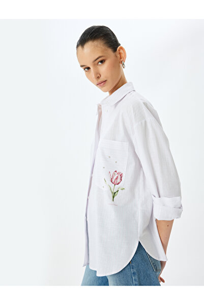 Koton Floral Print Detailed Stone Oversized Pink Women's Shirt 5Sak60198Uw