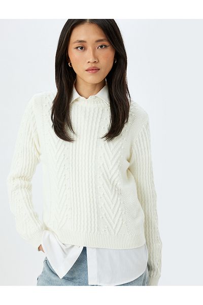Koton Pulover din tricot cu mânecă lungă și decolteu cu textura geometrică