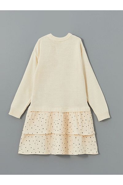 LC Waikiki LCW Kids Ecru-Strickkleid für Mädchen mit Rundhalsausschnitt