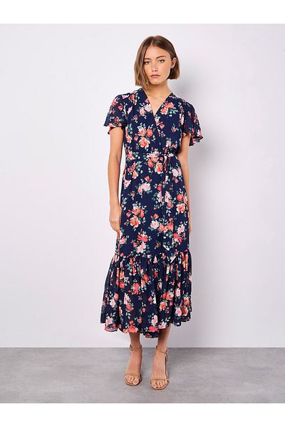 Apricot Geblümtes Midi-Wickelkleid