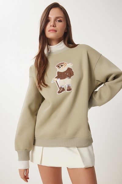 Lovelyİstanbul Clay Green Knitted Sweatshirt - Bear Crest, Raster Lwe0001