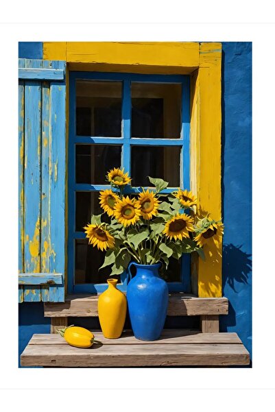 ekart Mavi Pencere Ve Ayçiçeği Model Ahşap Tablo 35cm X50cm