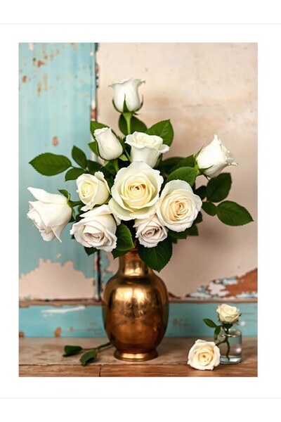 ekart Beyaz Gül Ve Vazo Desenli Mdf Tablo 18cm X 27cm