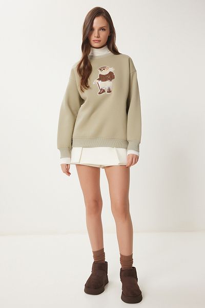 Lovelyİstanbul Clay Green Knitted Sweatshirt - Bear Crest, Raster Lwe0001