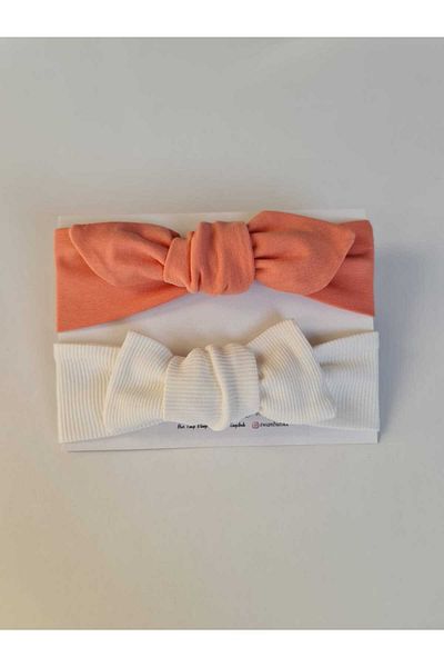swan butik Σετ 2 Baby Girl Kids Bandana - Salmon and Off-White Cotton