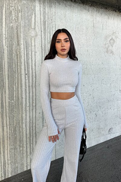 New Now Half Fishing Neck,Long Sleeve Crop with Flamps,High Waist Pants Suit