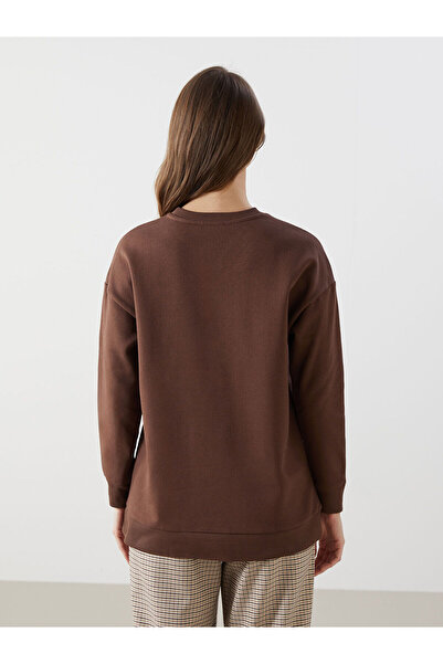 LC Waikiki Γυναικείο χοντρό φούτερ τουνίκ LCW Modest Brown Crew Neck Κέντημα