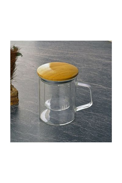 morponi Borosilicate Bamboo Lid Long Mug with Glass Strainer - 350 ml (Thn76308)