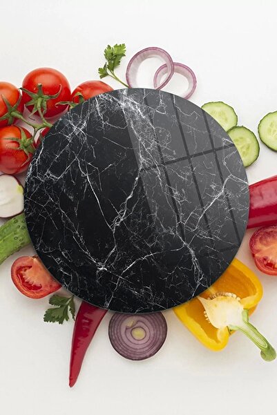 FatiFat Glass Cutting Board and Presentation Board |   Round |   Black Marble...