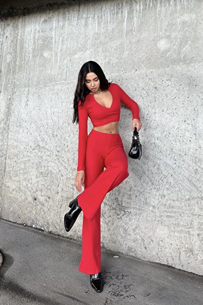New Now Chain Detailed Long Sleeve Crop,High Waist,Elastic Waist Band Palazzo Pants Suit