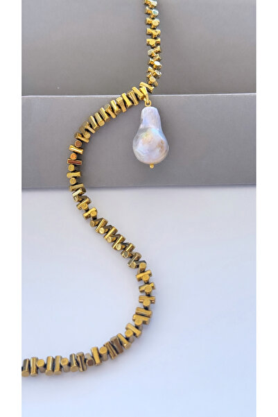 jewine studio Gerçek Barok İncisi ve Doğal Hematit Taşlı Şık tasarım Kolye