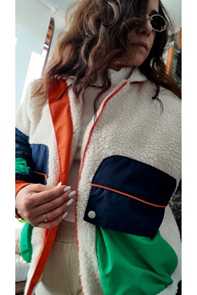 Shazel Kadın Bej Bomber Mont Peluş Çok Renkli Spor Günlük