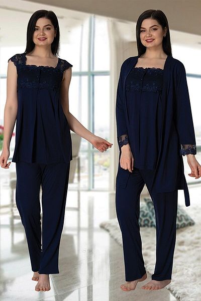 Effort Pijama Effortt 2301 Navy Blue Maternity Pajamas Set with Dressing Gown