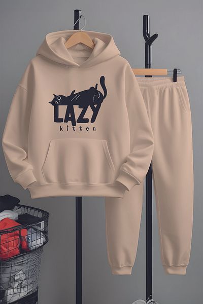 MYADA Set de trening de sus și de jos cu imprimeu Lazzy Cat Premium 23350