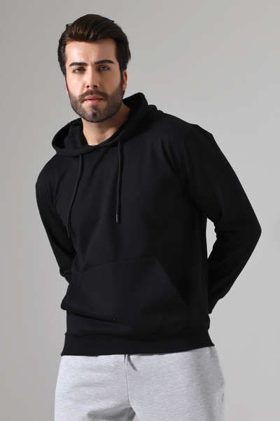 DUNGA Erkek Kapüşonlu Kanguru Cepli Siyah Sweatshirt - Pamuklu Normal Kalıp B...
