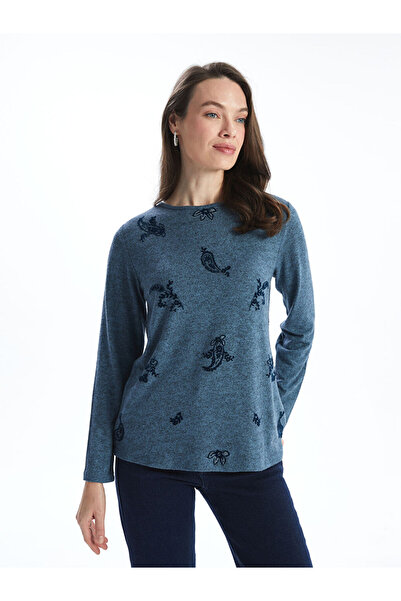 LC Waikiki LCW Grace İndigo Bisiklet Yaka Nakışlı Kadın Bluz