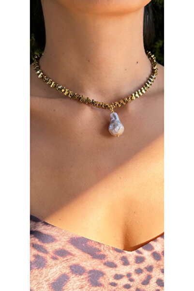 jewine studio Gerçek Barok İncisi ve Doğal Hematit Taşlı Şık tasarım Kolye