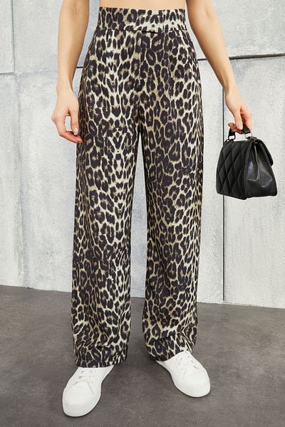 BILDEŞA Women's High Leopard Waist Velcro Waist Palazzo Pants